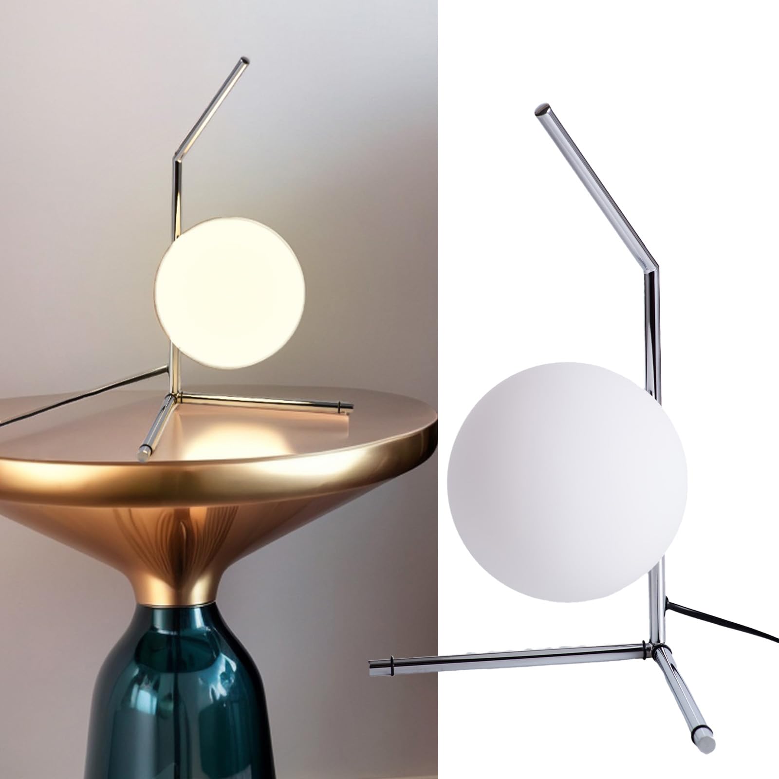 Alpinaluz Lámpara de Mesa – Diseño Minimalista con Esfera de Cristal Opal Blanco y Estructura de Acero Cromado – Forma Geométrica en V y L – Casquillo E27 G45 para Dormitorio, Escritorio o Salón