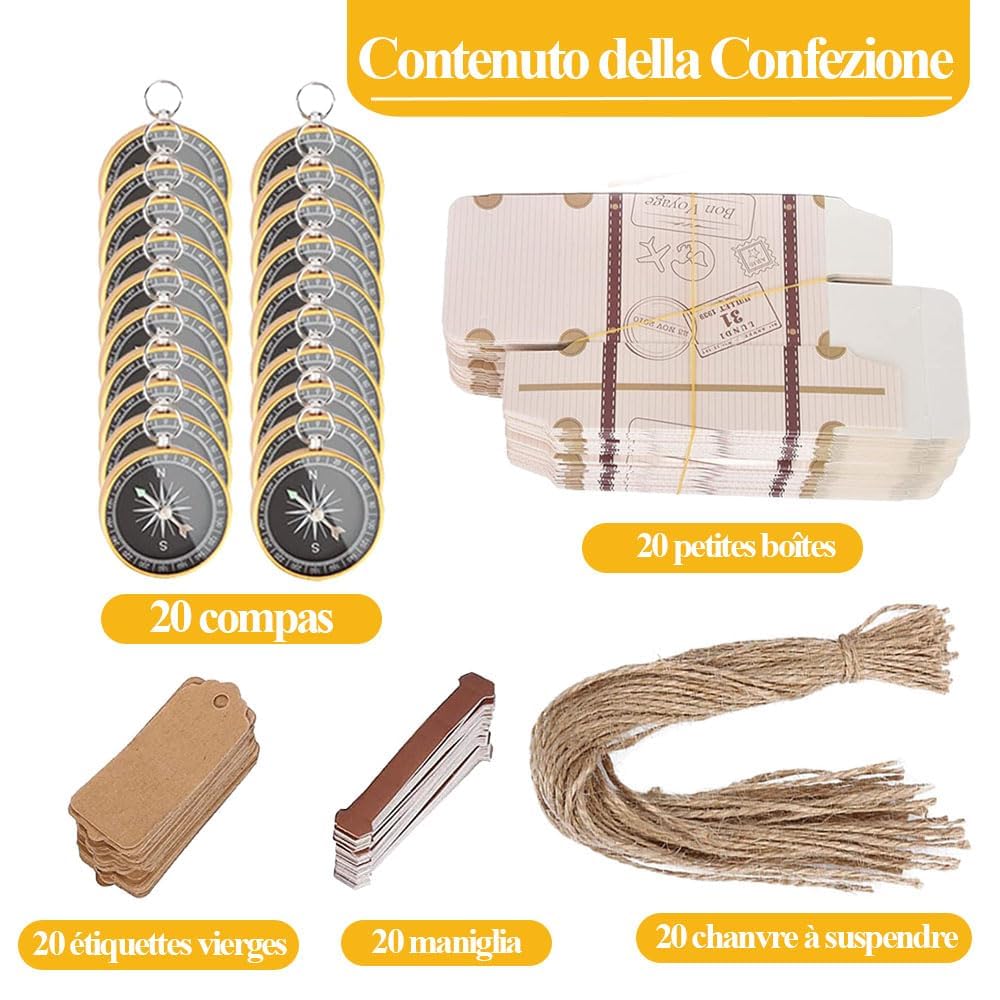 Naiocase Lot de 20 bonbonnières cadeau avec boussole et étiquettes Kraft, boîtes à dragées pour bonbonnières, baptême, homme, fille, mariage, anniversaire, remise de diplôme, fête - or