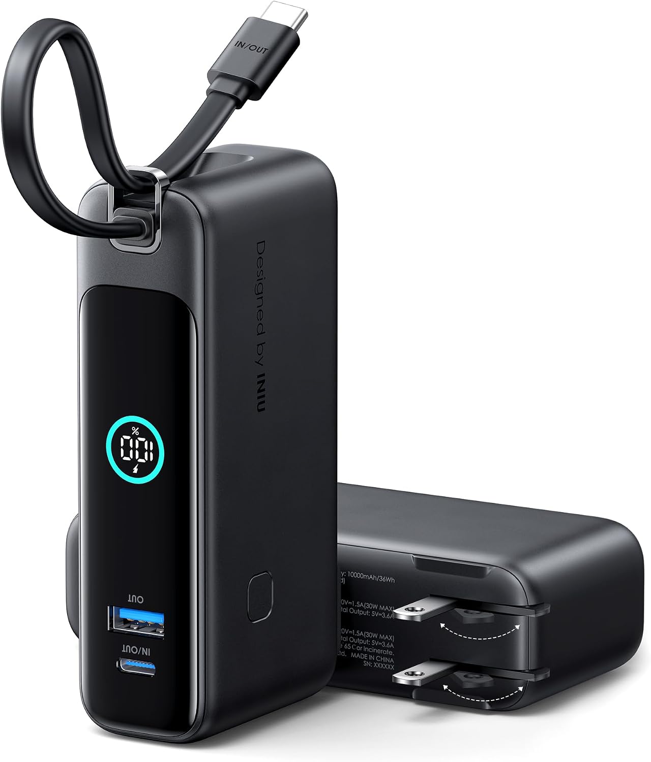 30W Fast Charging Portable Charger, with Built-in Cable & AC Wall Plug | 10000mAh, Small, Fast Charging, Built-in USB C Cable, Flight-Safe, Travel, Battery Pack for iPhone 17 16 Pro, Samsung S26 etc