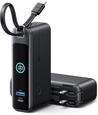 INIU 3-in-1 Portable Charger, 10000mAh 30W Fast Charging Power Bank, Built-in USB C Cable and Foldable AC Plug, Travel Essentials Battery Pack for iPhone 17 16 15, Samsung S25 S24, MacBook, and More