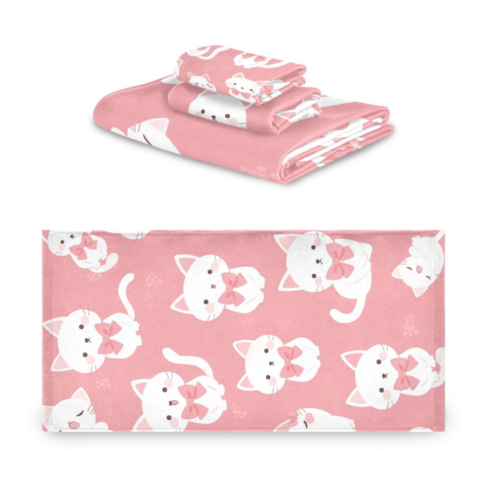 Set di 3 asciugamani per il viso con gatti bianchi carini rosa dalla testa ai piedi, 1 asciugamano da bagno, 1 asciugamano per le mani, 1 panno per il bagno e la cucina