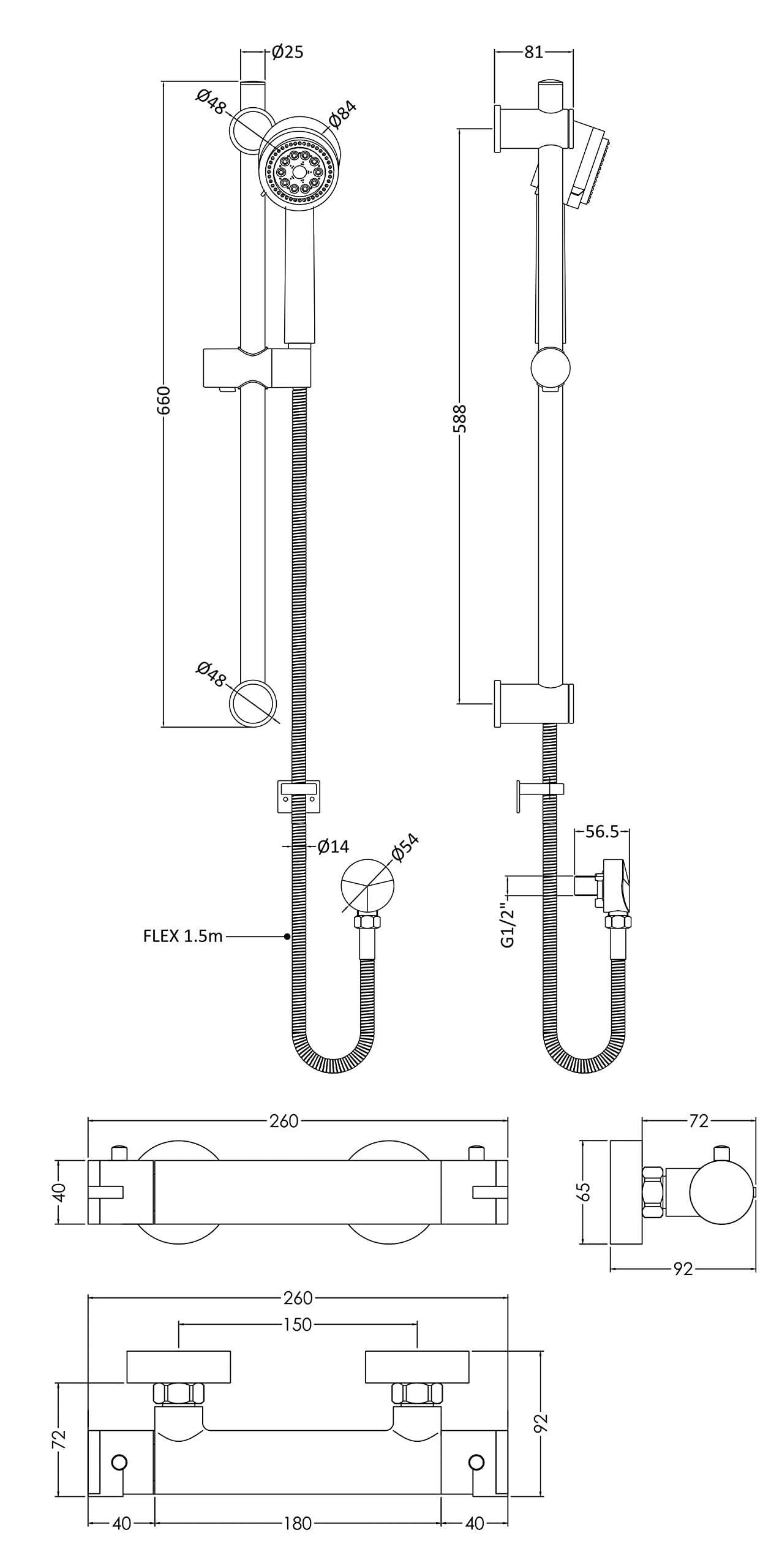 Nuie SBR66BV1 Shower Bundle Modern Bathroom Binsey Thermostatic Bar Valve with Bottom Outlet and Round Slide Rail Kit with Multi-Function Handset - Image 3