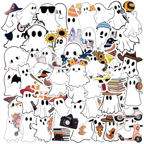 50Pcs Ghost Stickers Pack Aesthetic Vinyl Waterproof Halloween Sticker Decals for Water Bottle Laptop Phone Skateboard Scrapbooking Bumper Choice for Teens Adults Fans for Party Supply (Ghost)