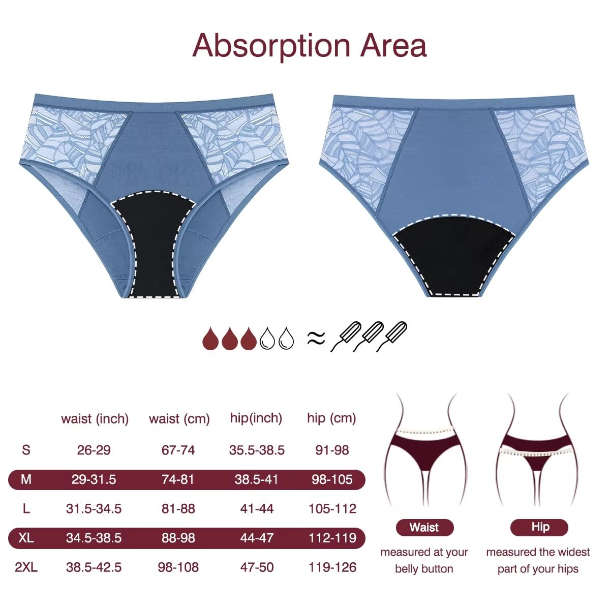 Braguitas Menstruales para Mujer de Encaje para Posparto Con Flujo Abundante Absorbentes A Prueba de Fugas de Algodón Transpirables Suaves Color Naranja Azul y Negro Talla L