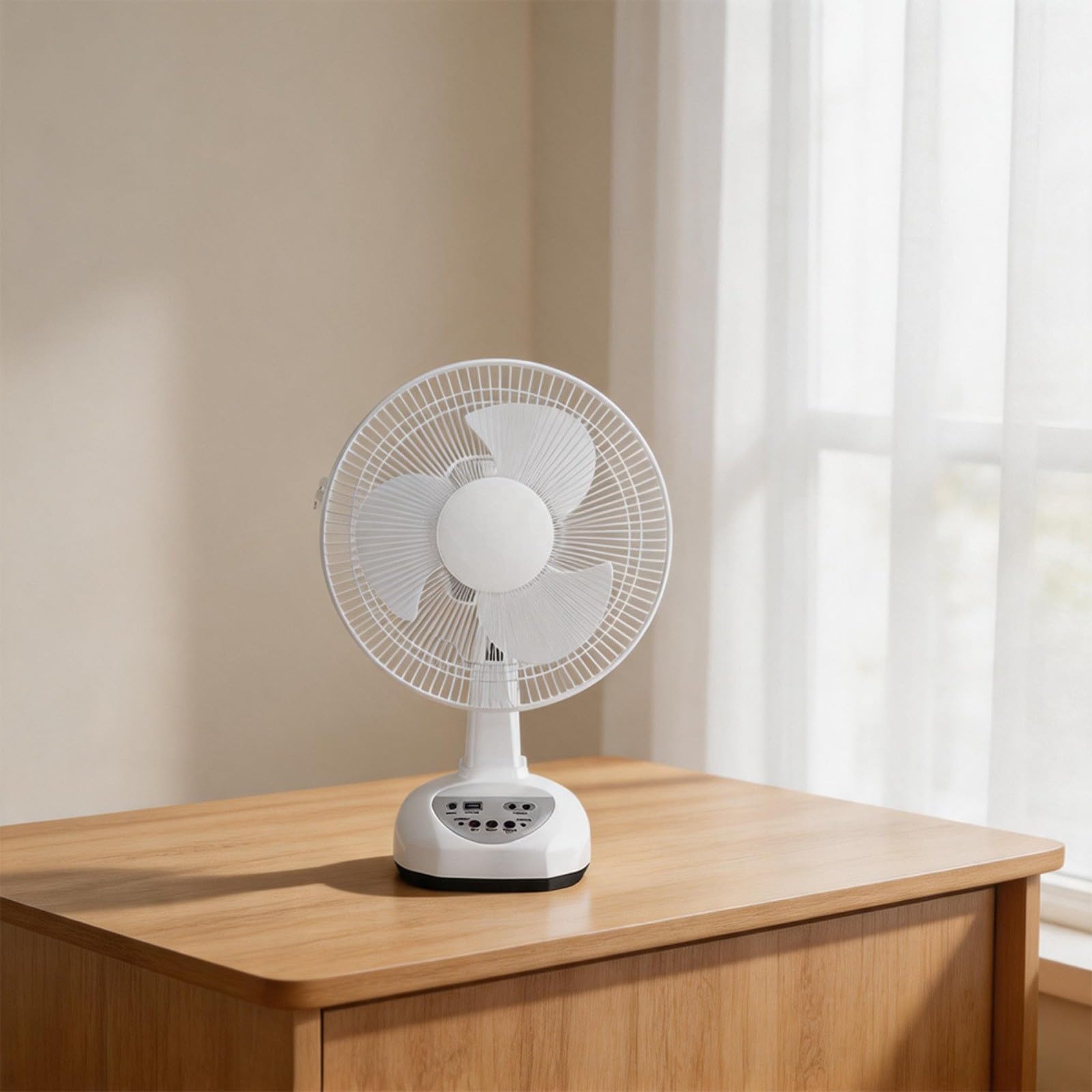 Ventilatore oscillante ricaricabile ad energia solare da 30,5 cm con 3 impostazioni e doppia modalità di luce notturna, struttura in ABS, bianco, ideale per campeggio, attività all'aperto e