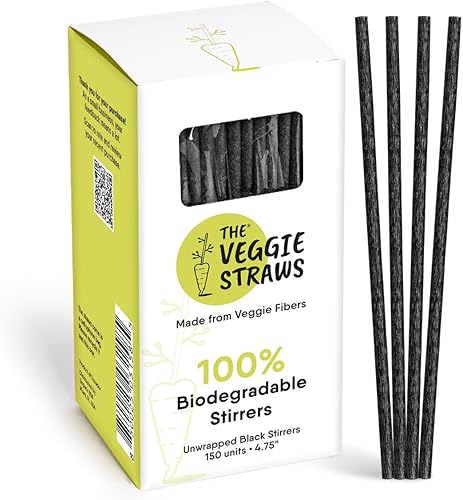 150 unidades de agitadores de bebidas biodegradables negros sin envolver de 4.75 pulgadas - Hecho de fibras vegetales, los mejores agitadores de