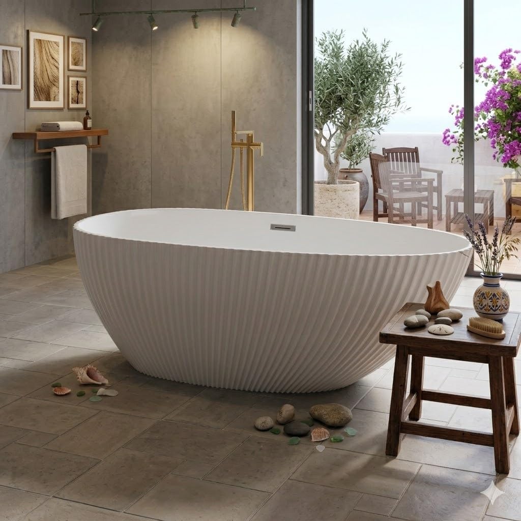 59'' Acrylic Freestanding Bathtub, Deep Soaking Tub, Fluted Shell