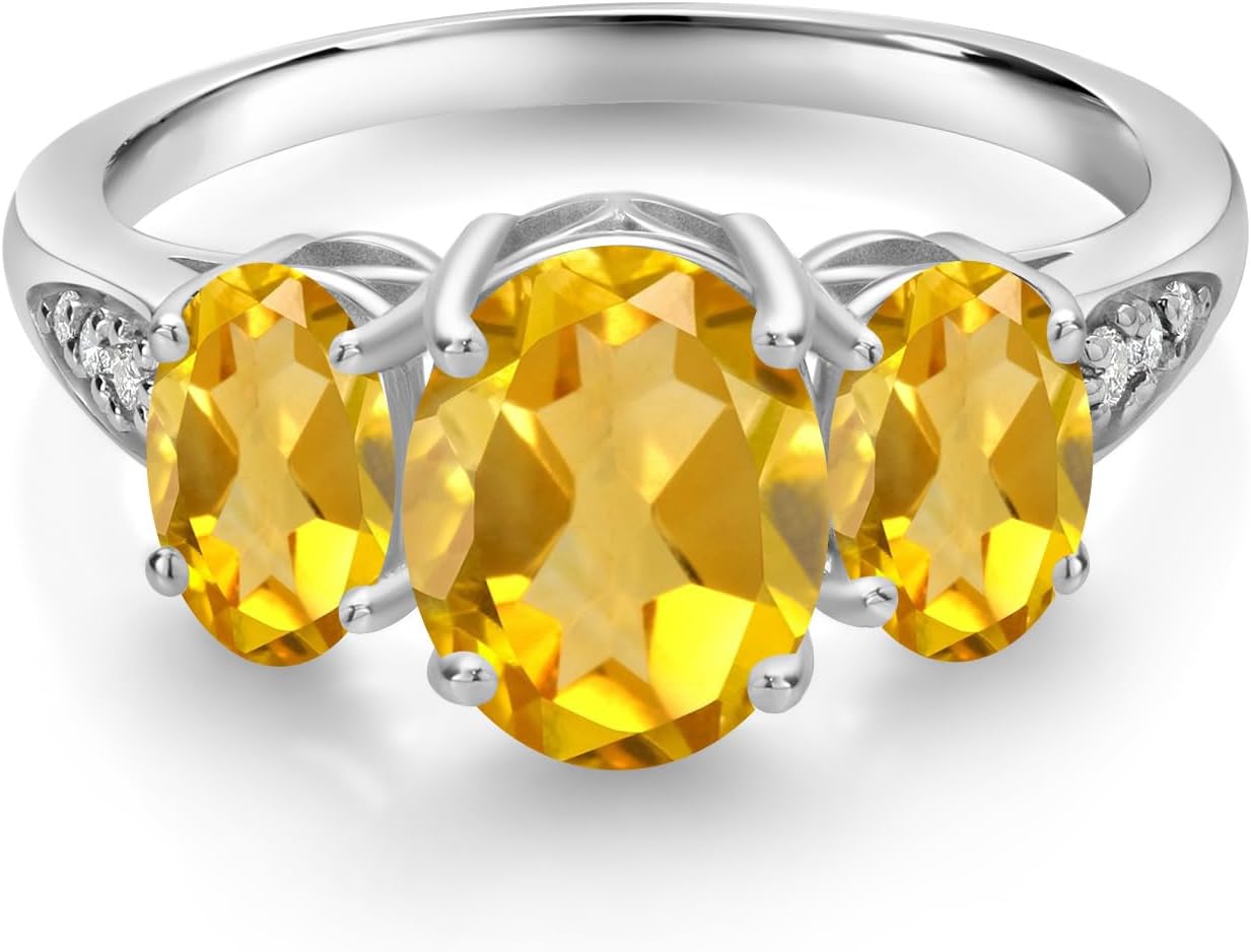 Gem Stone King 2-3 Cttw 10K White Gold 3-Stone Engagement Ring for Women | Gemstone Birthstone and Lab Grown Diamond | Oval 8X6MM 6X4MM | Wedding Anniversary Ring