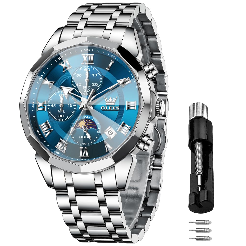 OLEVS Männer Uhr Quarz Luxus Business Uhren Multifunktion Chronograph Mondphase wasserdicht Leuchtend Edelstahl Armbanduhr