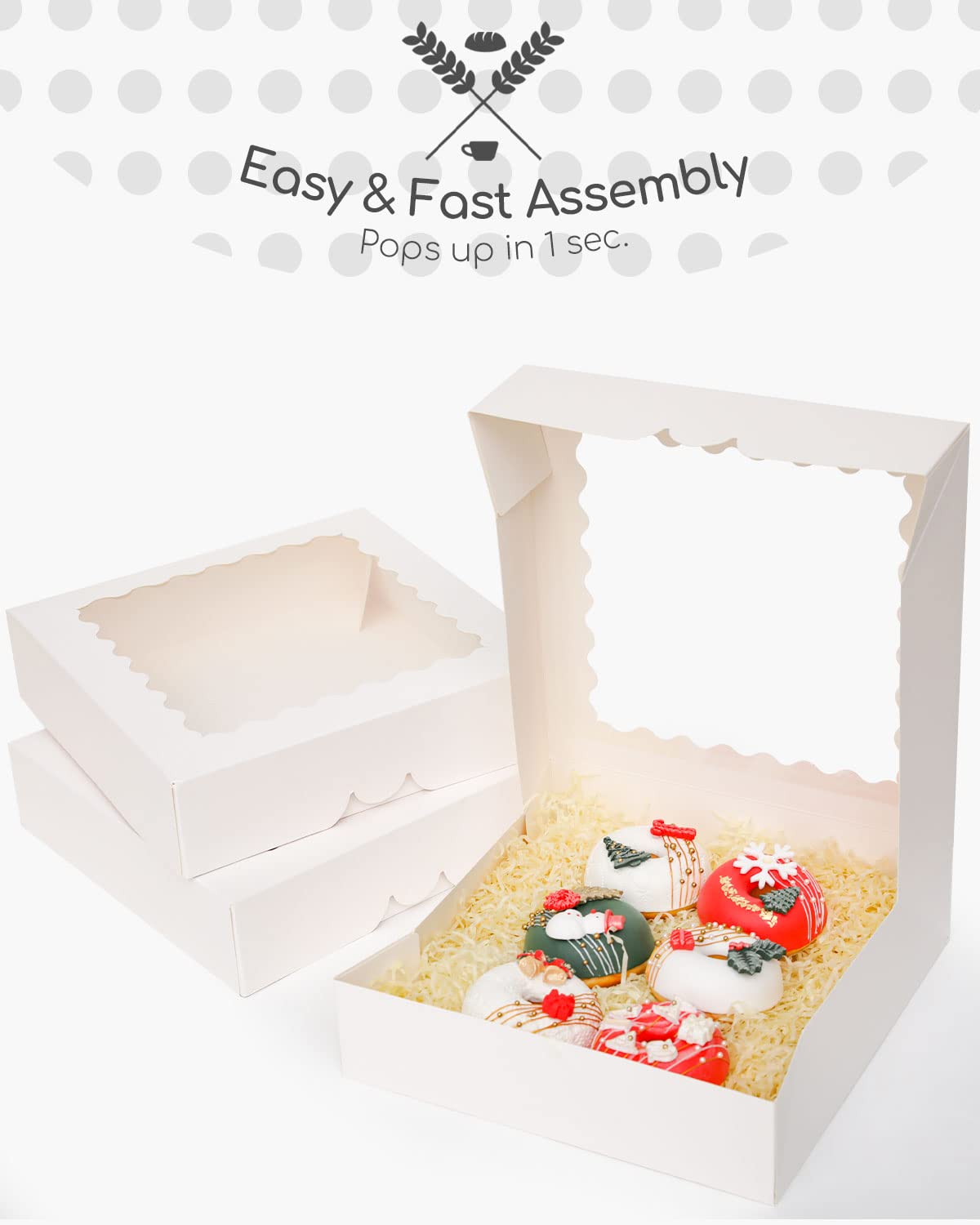 qiqee Cajas de pastel blancas con ventana de 10 x 10 x 2.5 pulgadas, 30 paquetes de caja de panadería para donas dulces y galletas