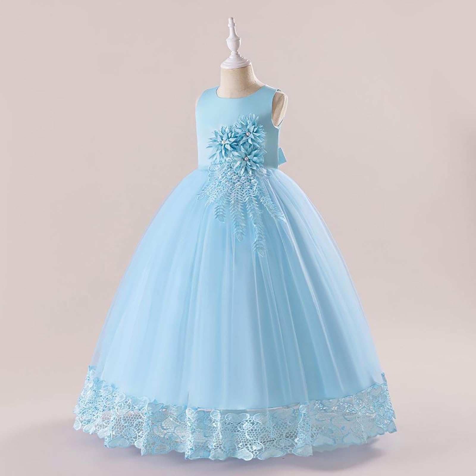 Kleid für Zeremonie, Mädchen, Tüll, Spitze, Blumenmuster, elegant, ärmellos, A-Linie, Prinzessinnenkleid, für Abend, Party, Hochzeit, Tanz, Geburtstag