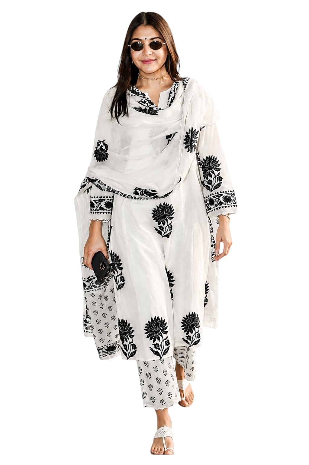 BLACK TEETAR Women's Hand Block Floral Printed Straight Kurta Set with Palazzo Pants & Dupatta Ethnic Kurta Set for Casual Outings Day Events Summer Wear Festive