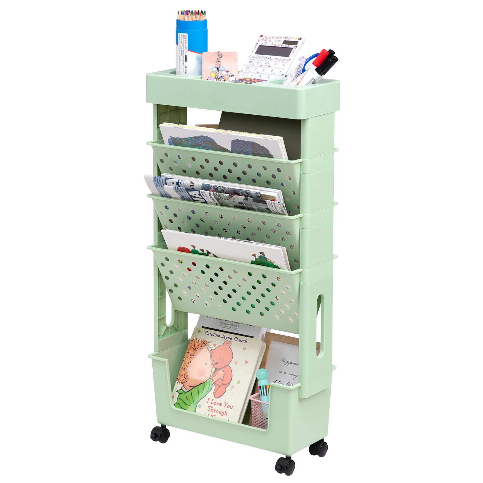 DOEWORKS Mobile Bookshelf with Wheels Small Rolling Book Storage Trolley Craft Trolley Art Trolleys 5-Tier Slim Bookcase Movable Bookshelf for Living Room Bedroom Office Library, Green — image 1