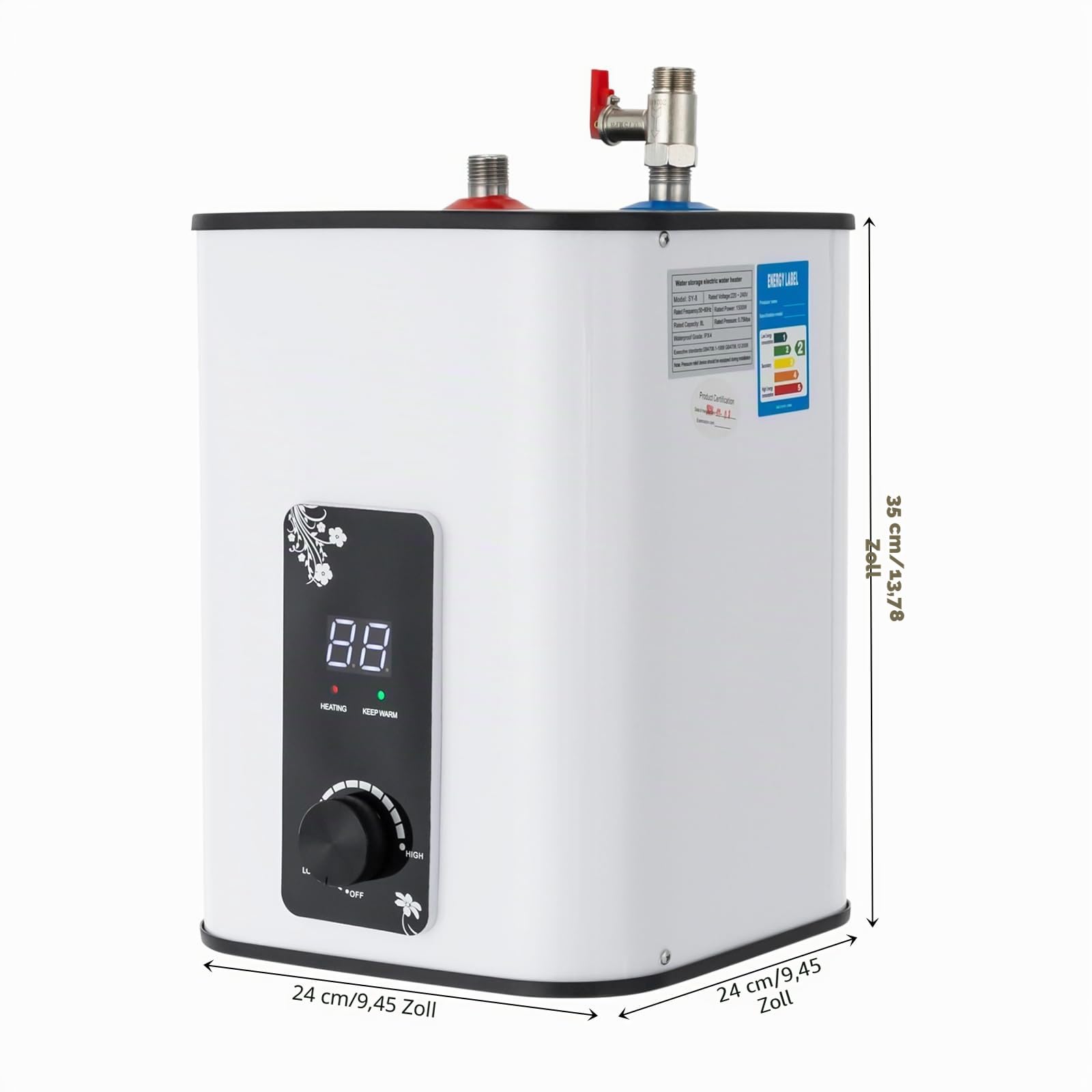 Warmwasserspeicher 8L Untertisch Boiler 1500W Kleiner Druckfester Warmwasserspeicher mit Thermostop-Funktion Untertischboiler 0-65℃ Einstellbarer Temperatur Einstellbar für Küche Bad (Schwarz,Weiß)