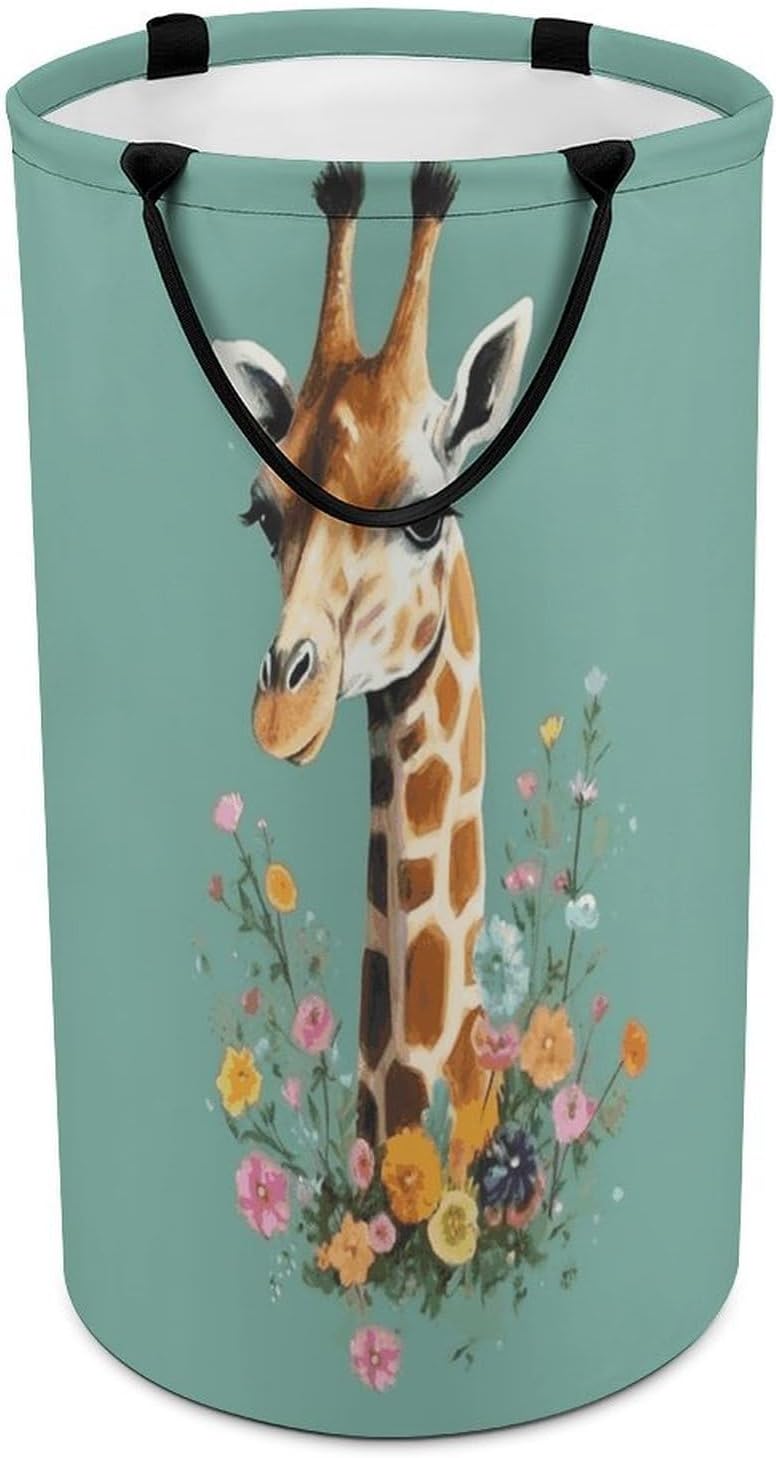 Giraffe with Flowers Laundry Basket Dirty Clothes Bin, Waterproof Laundry Hamper, Laundry Bag, Clothes Hamper Stands for Bedroom, Towels,Clothings