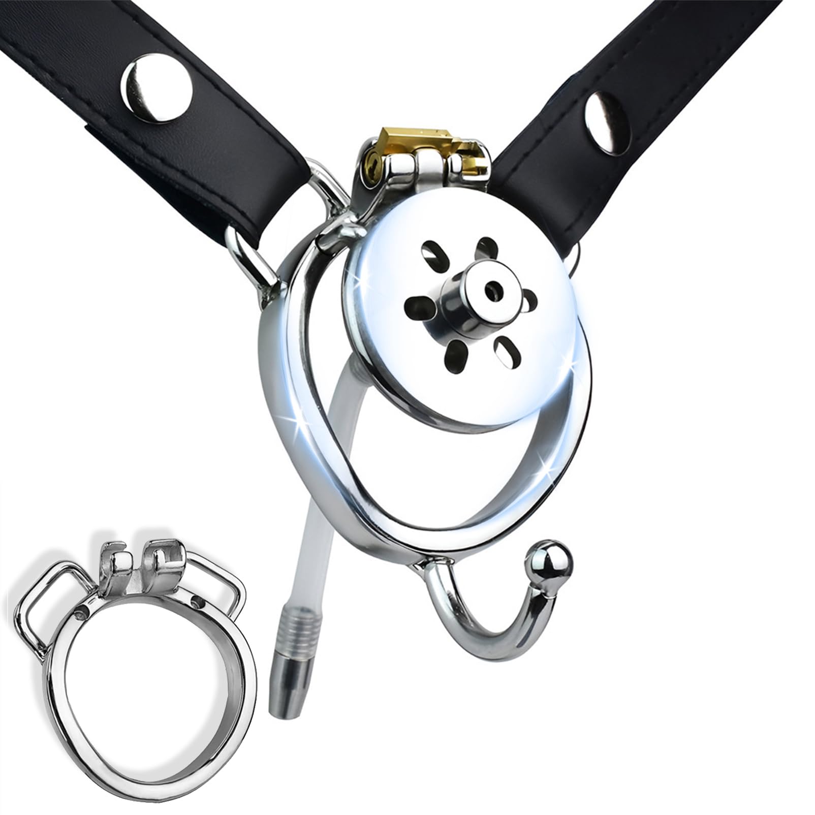 Cage de chasteté pour hommes Set avec dilatateur et ceinture de chasteté Métal Cage de chasteté plate Négatif Portable Extrême SM Cock Bondage Sex Toys pour hommes, couple (45mm-Arc ring,192+Belt)
