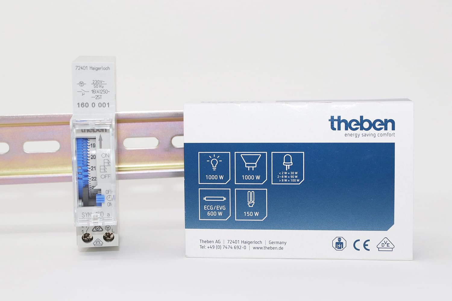 Theben 1600001 SYN 160 a interruttore orario analogico 1 canale giornaliero | guida DIN, 1 TE, 96 segmenti, 15 min, sincronia di rete, 300 W LED, 16 A, interruttore manuale ON/AUTO/OFF