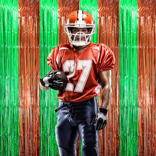 Image of Voircoloria 2 Pack Football Party Decorations, Green and Brown Foil Fringe Backdrop Curtains, Tinsel Streamers, Door Shimmer for Super Bowl or Birthday Party