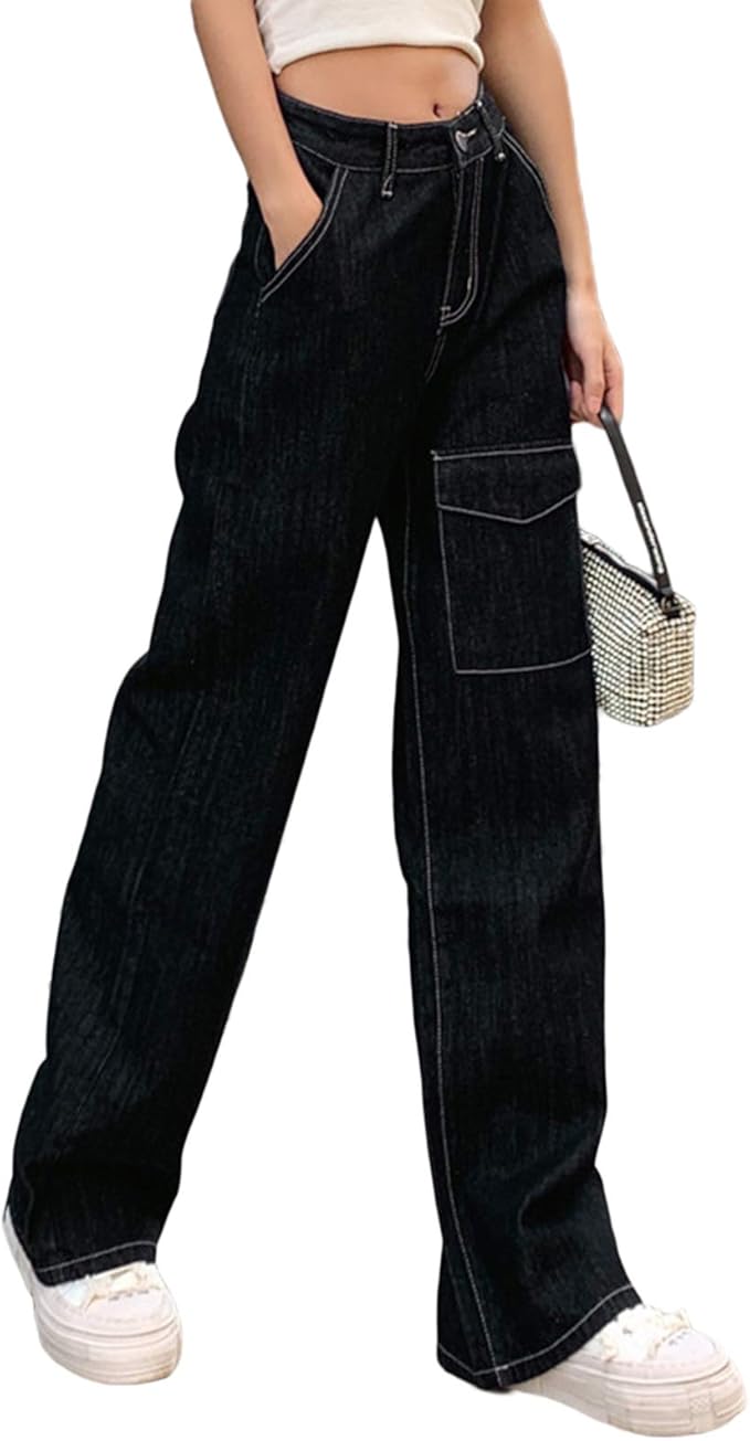 Women's High Waist Cargo Jeans Y2K Straight Leg Patchwork Bag Loose Baggy Denim Trousers Fashion 