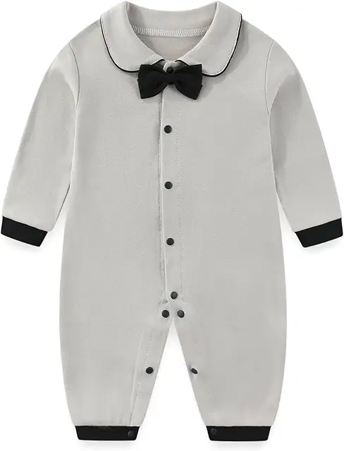 Newborn Formal Bowtie Collar Romper - Long Sleeve Polo Bodysuit 0-12 Months