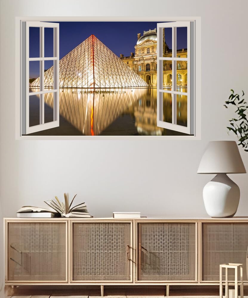 JVERF - JZZA03851 France Houses Louvre Museum Paris Pyramid Night| Self-Adhesive Open Window Wall Sticker