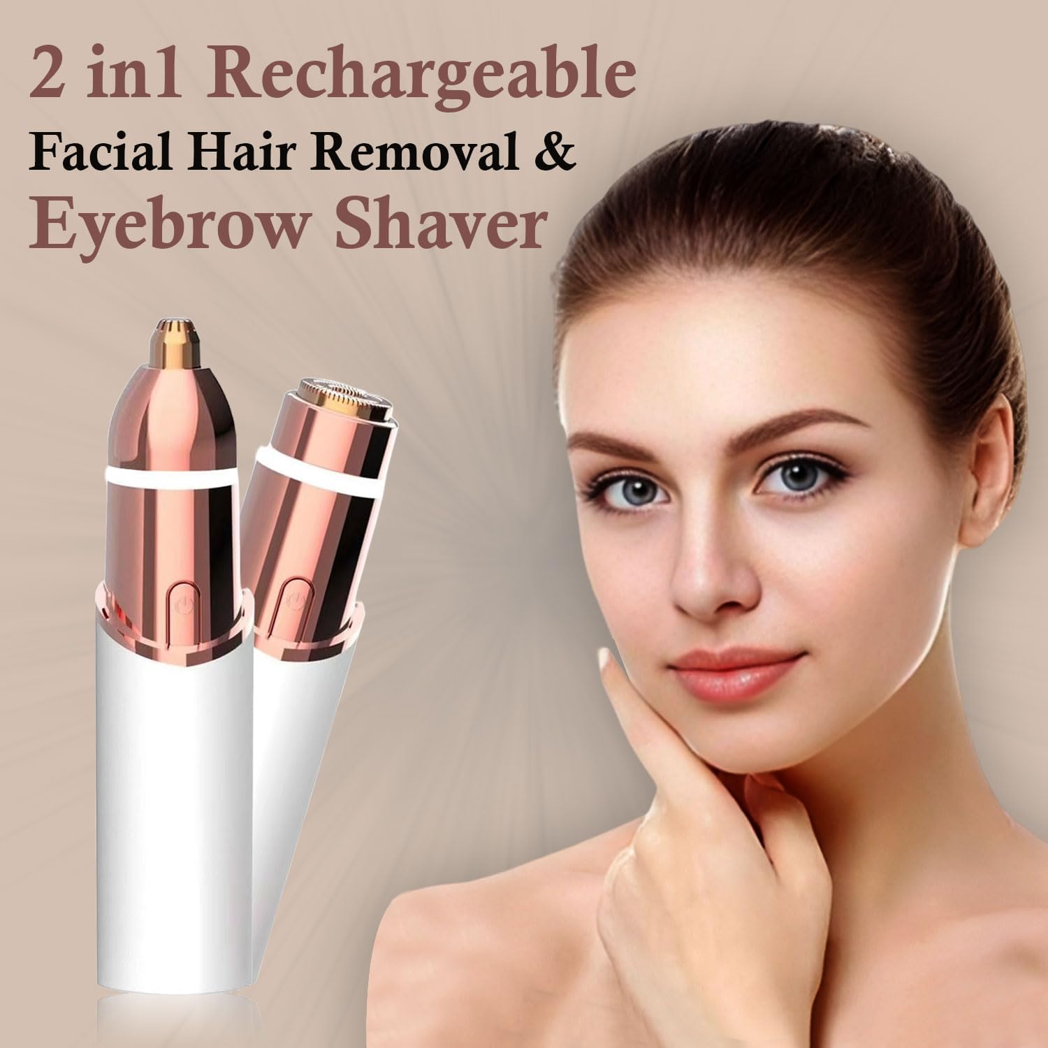 Eyebrow & Facial Trimmer: 2 in1 Rechargeable Facial Hair Removal & Eyebrow Shaver - Body Razor with Built-in LED Light (White)