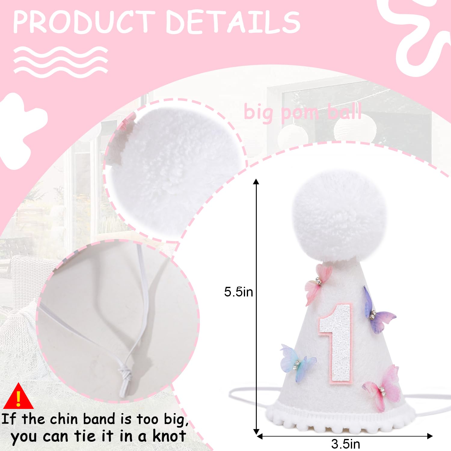 LINLULU butterfly 1st birthday hat for girls - fairy theme 1st birthday crown, butterfly first birthday decoration for girls, 3d colorful butterfly birthday party hat