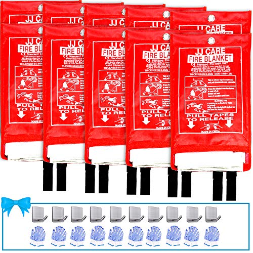 JJ CARE Fire Blanket for Home 40"x40" + 10 Hooks & 10 Gloves, Fire Suppression Blanket, Emergency Fire Blanket for People, Fire Blanket Kitchen, Emergency Use - White
