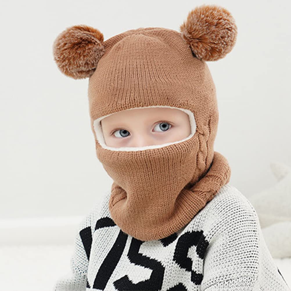 Kids Winter Hat Scarf Set Unisex Toddler Fleece Lined Beanie Hat Neck Warmer One Piece Warm Knitted Covering Ears Neck Coffee