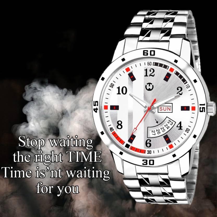 Image of Men's Analog wristwatch, Silver Stainless Steel Strap Blue Day & Date Dial, Water Resistant, Formal & Casual Wear, Gift Watch for Men