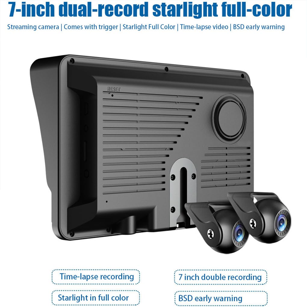 BSD Alarm 12-36V Schermo da 7 pollici Doppia Dash Cam Registratore | Registrazione in loop e registrazione HD Telecamera a colori per notturna per camion Rimorchi Camper