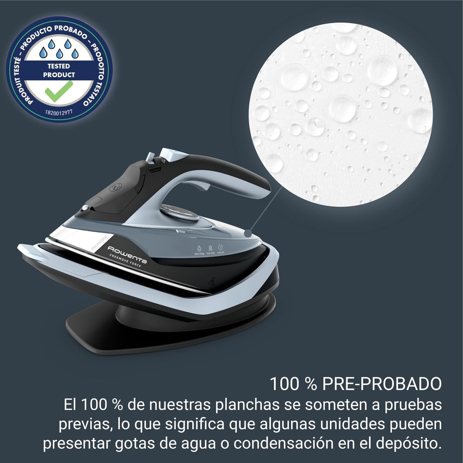 Rowenta Freemove Force, Plancha de vapor sin cable, Potencia de 2500W, Golpe de vapor 200 g/min, Eficiente, Calentamiento rápido, Ligera, Recarga rápida, Apagado automático, DE6720