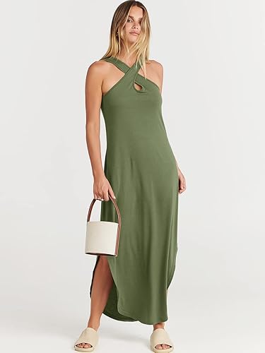 Miniatura 3 de ANRABESS Vestido largo casual de verano para mujer, con tirantes cruzados, sexy, abertura lateral, sin mangas, suelto, para playa, con bolsillos