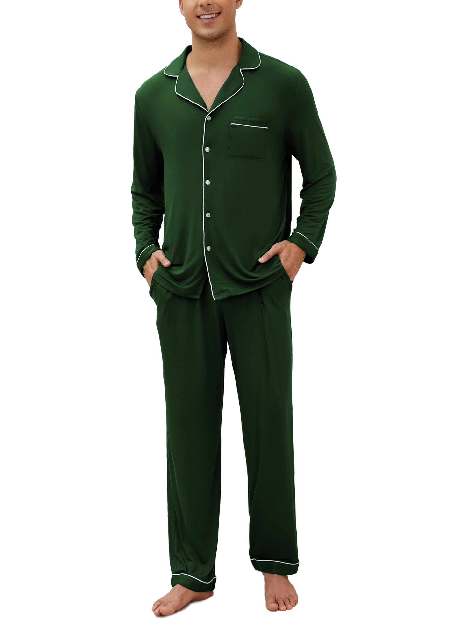 Veseacky Mens Pajamas Set Long Sleeve Soft Pajamas for Men Button Down Sleepwear Pjs Lounge Sets with Pockets S-2XL
