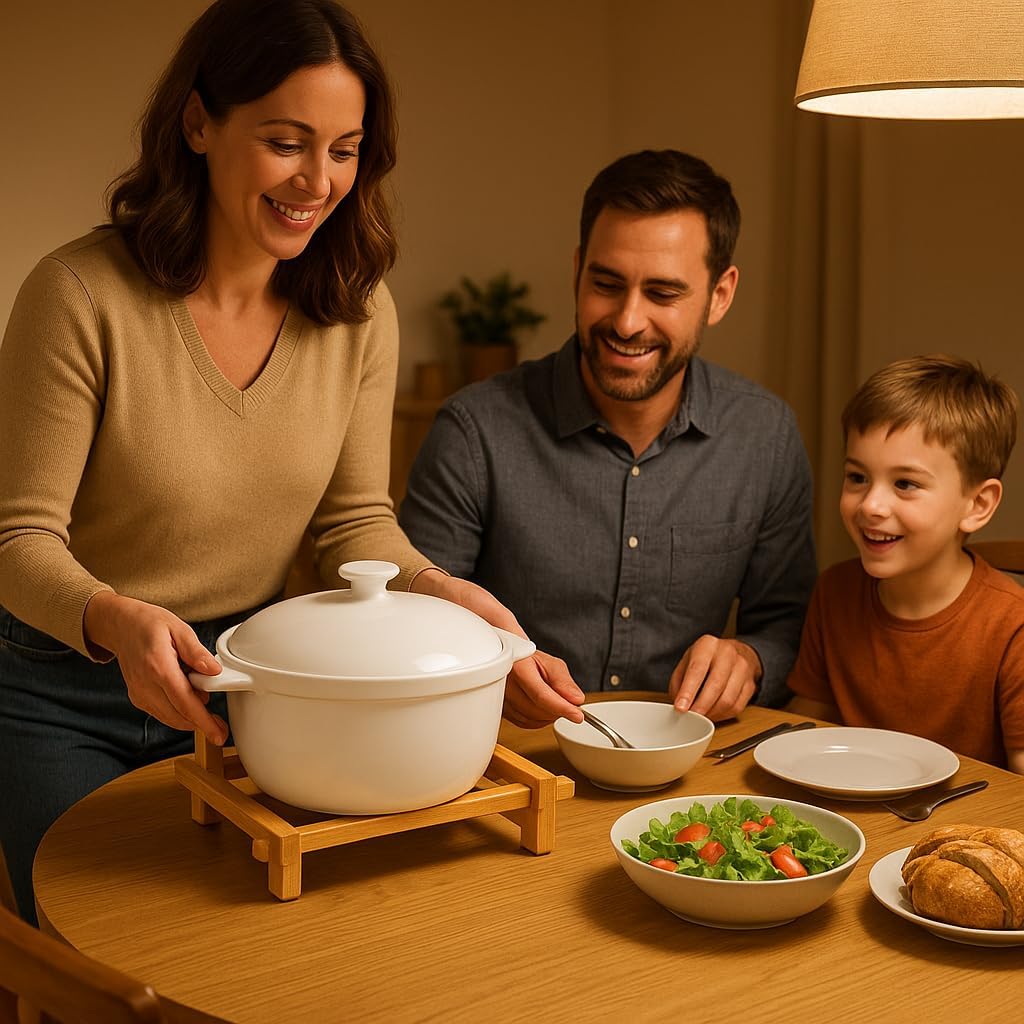 Creative Home Stoneware Baking Dish with Bamboo Serving Rack – Oven-to-Table Casserole Dish, Perfect for Baking, Serving, and Entertaining