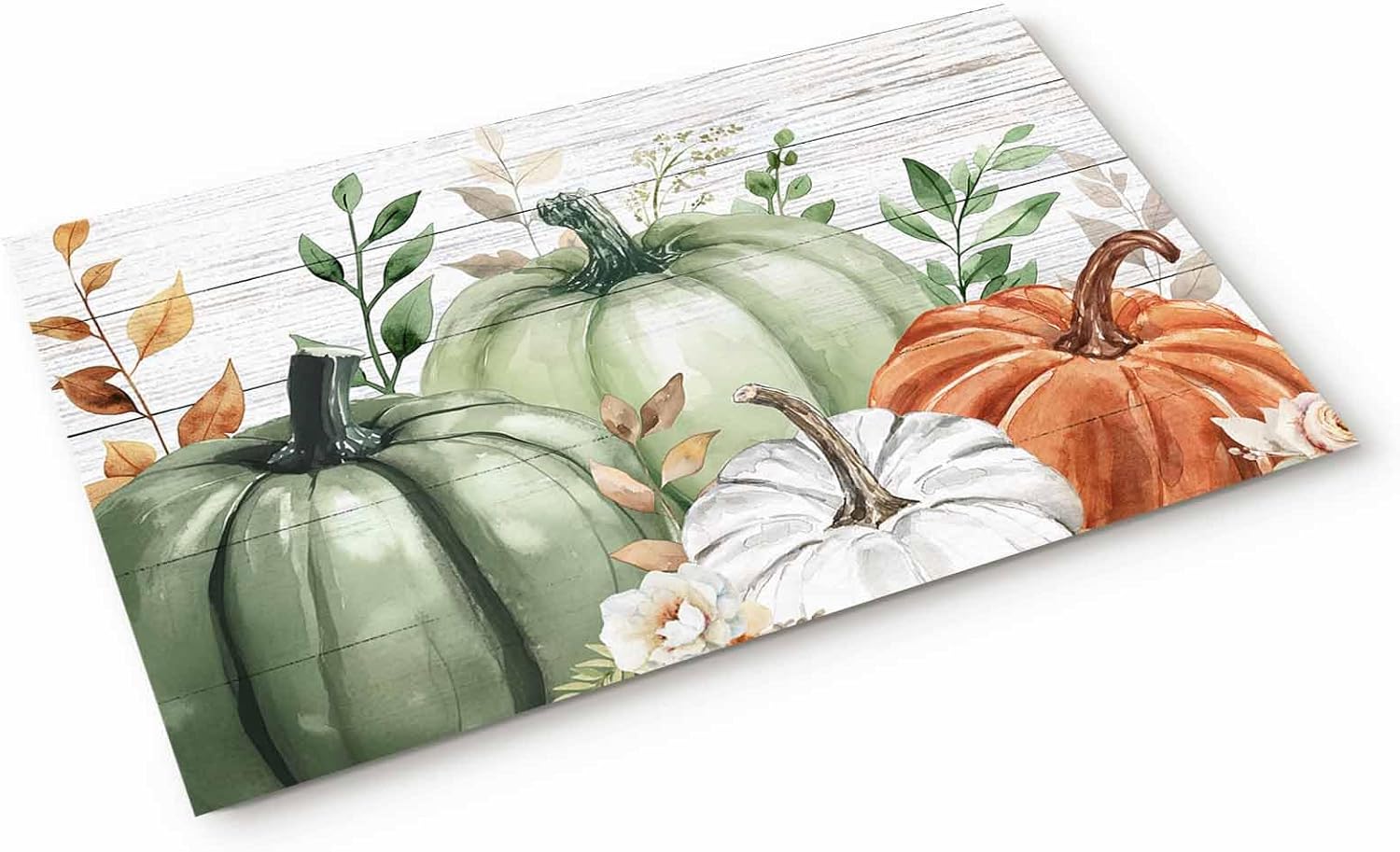 Flannel Doormat-Sage Green Pumpkin Front Door Mat, Fall Leaf Flower Wooden Grain, 16x24,Non-Slip Decorative Indoor mat Grips Tight elevates Decor is Easy to Clean