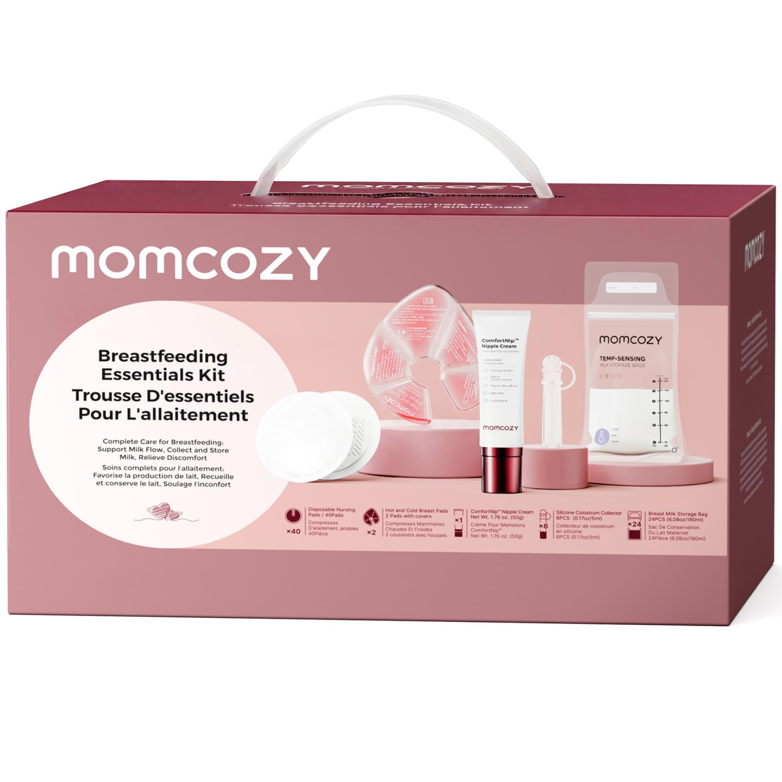 Momcozy Kit Posparto 73 Piezas para Lactancia, Neceser Bolsa Hospital Parto con Discos Absorbentes, Compresas Frío Calor, Crema Pezones, Recolectores Calostro y Bolsas Leche Materna