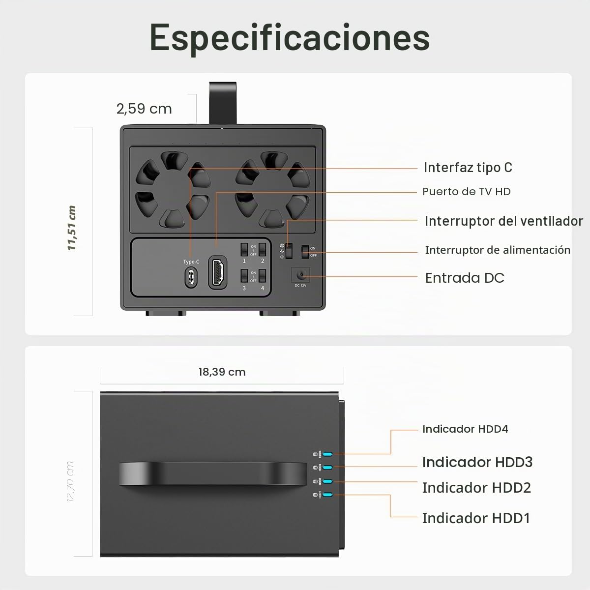 MAIWO Caja de Disco Duro de 4 bahías para Disco Duro SATA de 3.5 Pulgadas con Dos Ventiladores, Carcasa HDD de 4 bahías con Puerto HD-MI 4K, expansión de 88 TB, Interruptor de alimentación de Disco