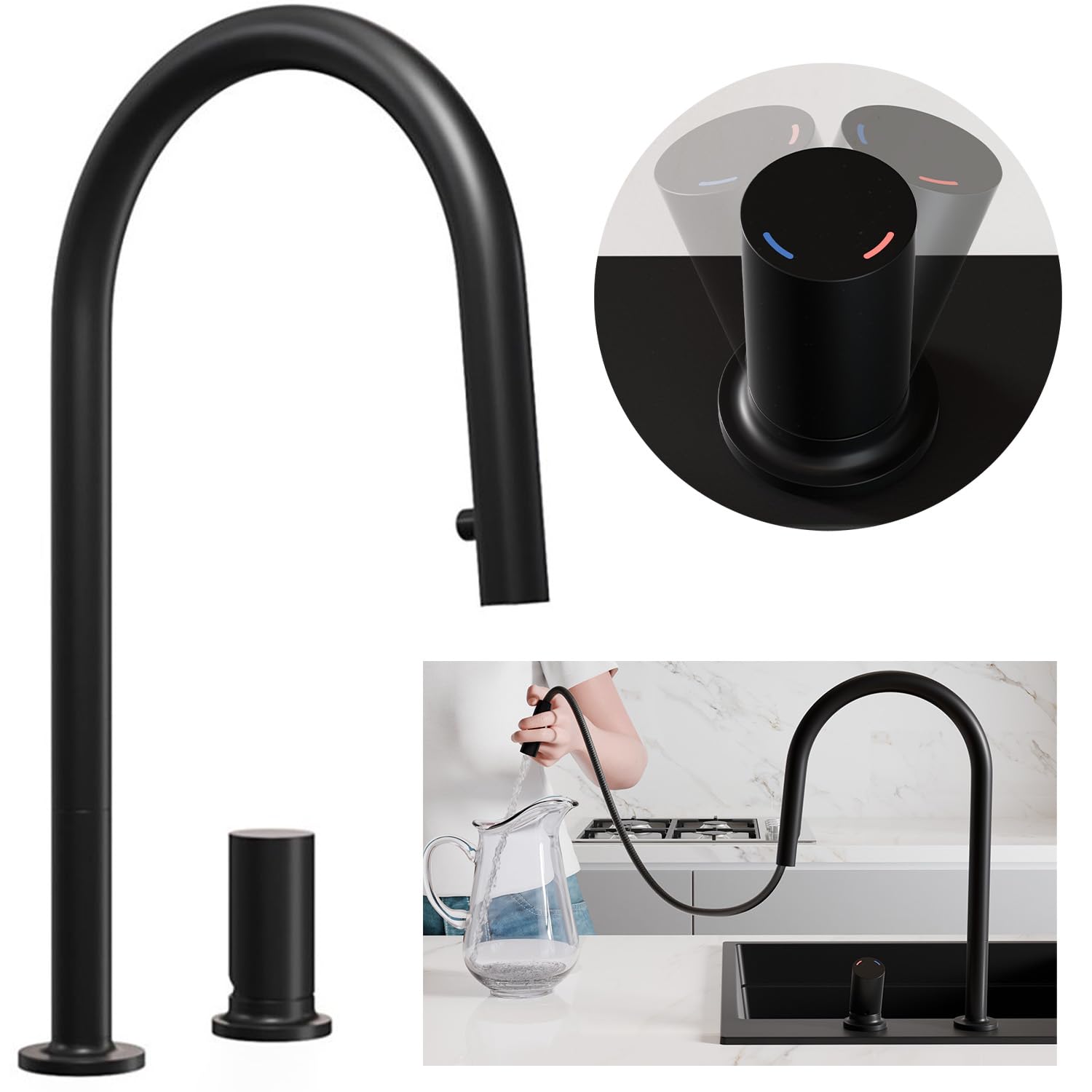 PRIMAGRAN Grifo de cocina 9050 negro con dos tipos de chorro, Grifo de alta presión, Grifo de Fregadero con caño extraíble