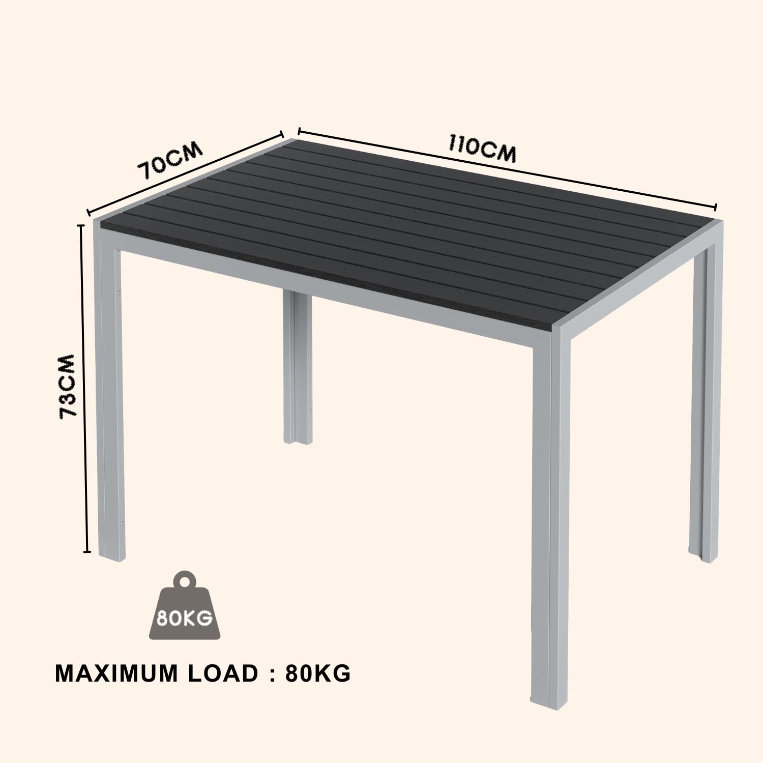 Clevich Mesa de jardín Resistente a la Intemperie, 110 x 70 cm, Mesa de Comedor al Aire Libre, Mesa de balcón WPC, Marco de Aluminio, Muebles de jardín Resistentes a la Intemperie, Mesa Cuadrada de