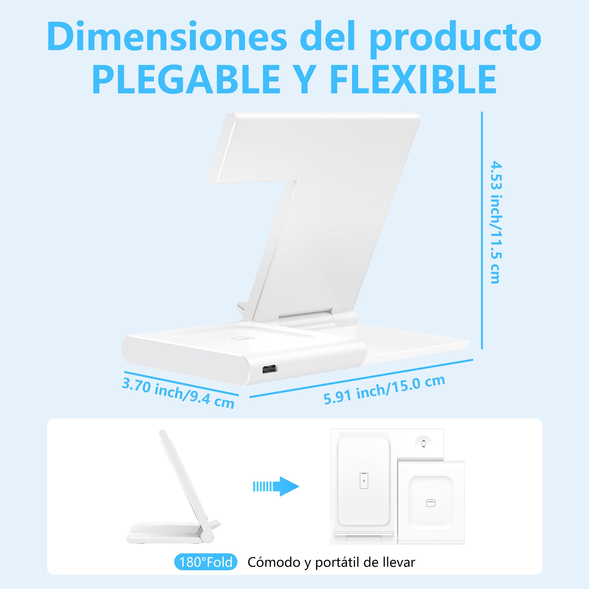Cargador Inalámbrico 3 en 1 para iPhone 17/16/15/14/13/12, Estación de Carga Rápida 15W para Apple Watch Ultra/SE/Serie y AirPods Pro, Base Plegable de Escritorio y Mesilla