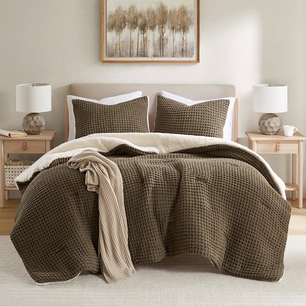 Madison Park Queen Comforter Set Cotton Chenille Waffle Comforters Queen Size Bed, All Season Down Alternative Sherpa Bedding Queen Size Comforter, Riordan, Full/Queen Brown 3 Piece