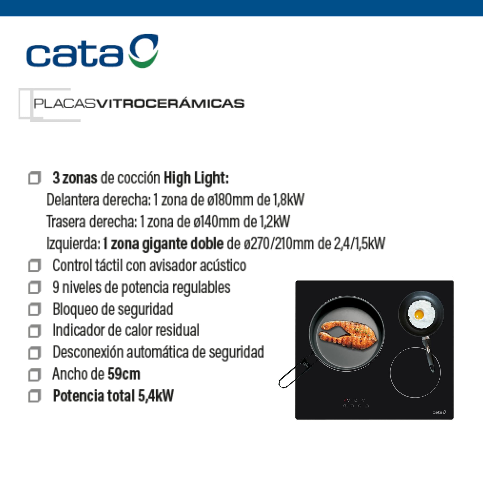 Cata TD 6003 BK model TDN 603 | ceramika szklana, 3 ogniska, 9 stopni szerokości 59 cm | płyta o mocy 5,4 kW, 1800 W, ceramika