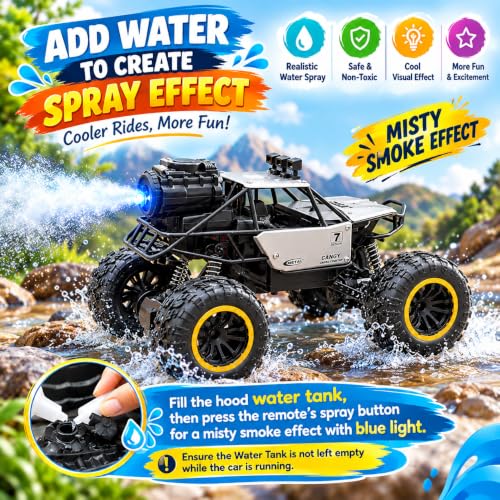 Image of Rechargeable Remote Control Monster Truck RC Car for Kids, Big 2WD Off-Road Rock Crawler with Water Mist Spray,Climbing Car with Shockers,Racing Toy for Boys & Girls 5+ Years, Assorted colours