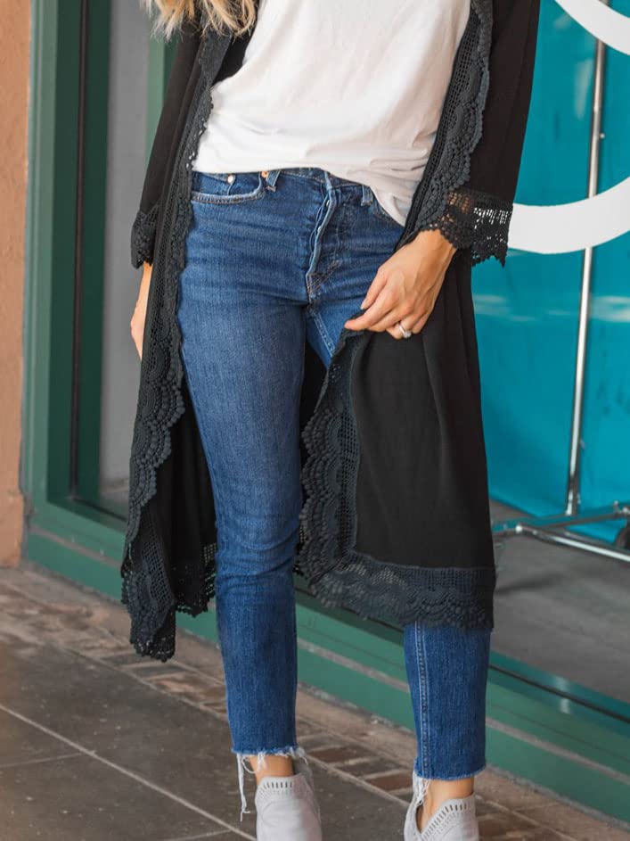 Tickled Teal Women's 3/4 Sleeve Lace Trim Casual Wrap Cardigan Coverup Outerwear Sweater2