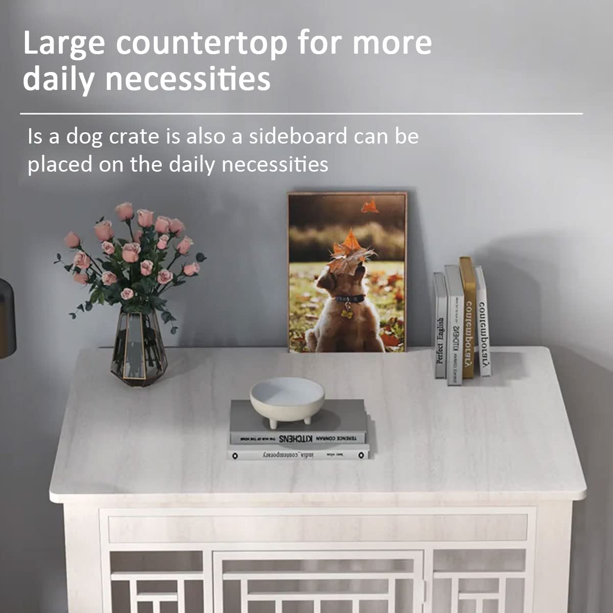 Mesa de madera para perros con bandeja extraíble, caseta decorativa para interiores para perros grandes, medianos y pequeños