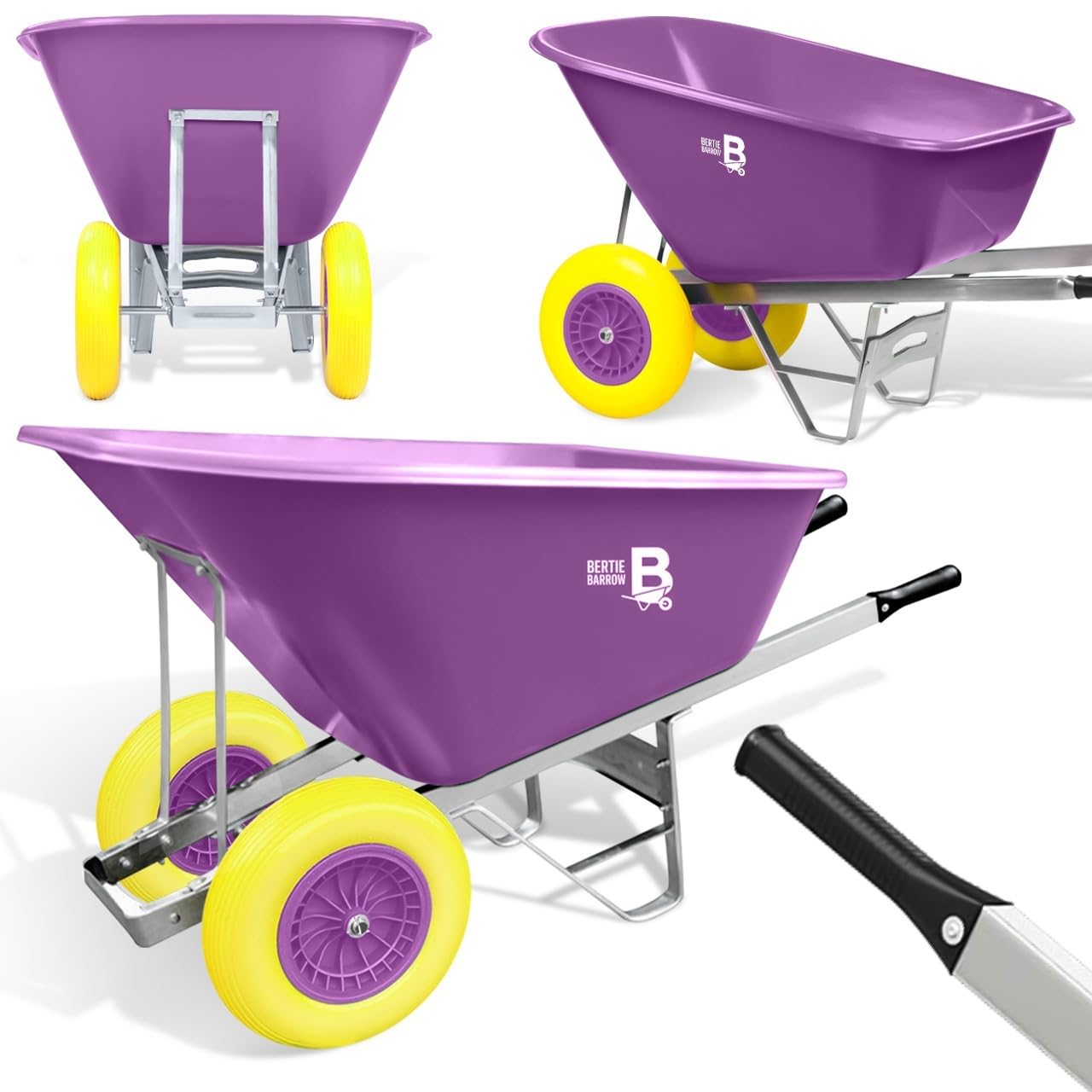 Wilcox Equimed Purple Equimed Garden Wheelbarrow - Extra Large Trolley With 200L Plastic Bucket, Puncture-Proof Pu Wheels, Galvanised Frame ( Yellow Wheels)