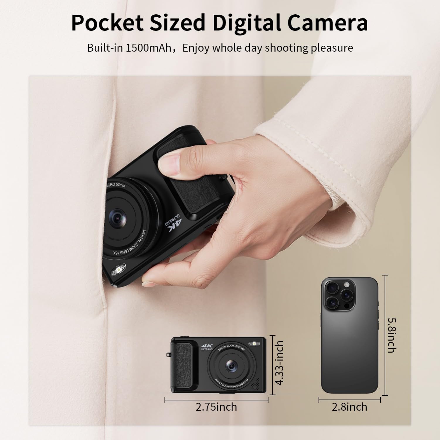 ARNSSIEN Appareil Photo Numérique 4K Compact 2,8" Écran Pivotant 180° Vlog | Zoom 16X, batterie 1500mAh, Camera Vlog, Carte TF incluse, idéale pour voyage, débutants, adolescents et photo quotidienne,Y1