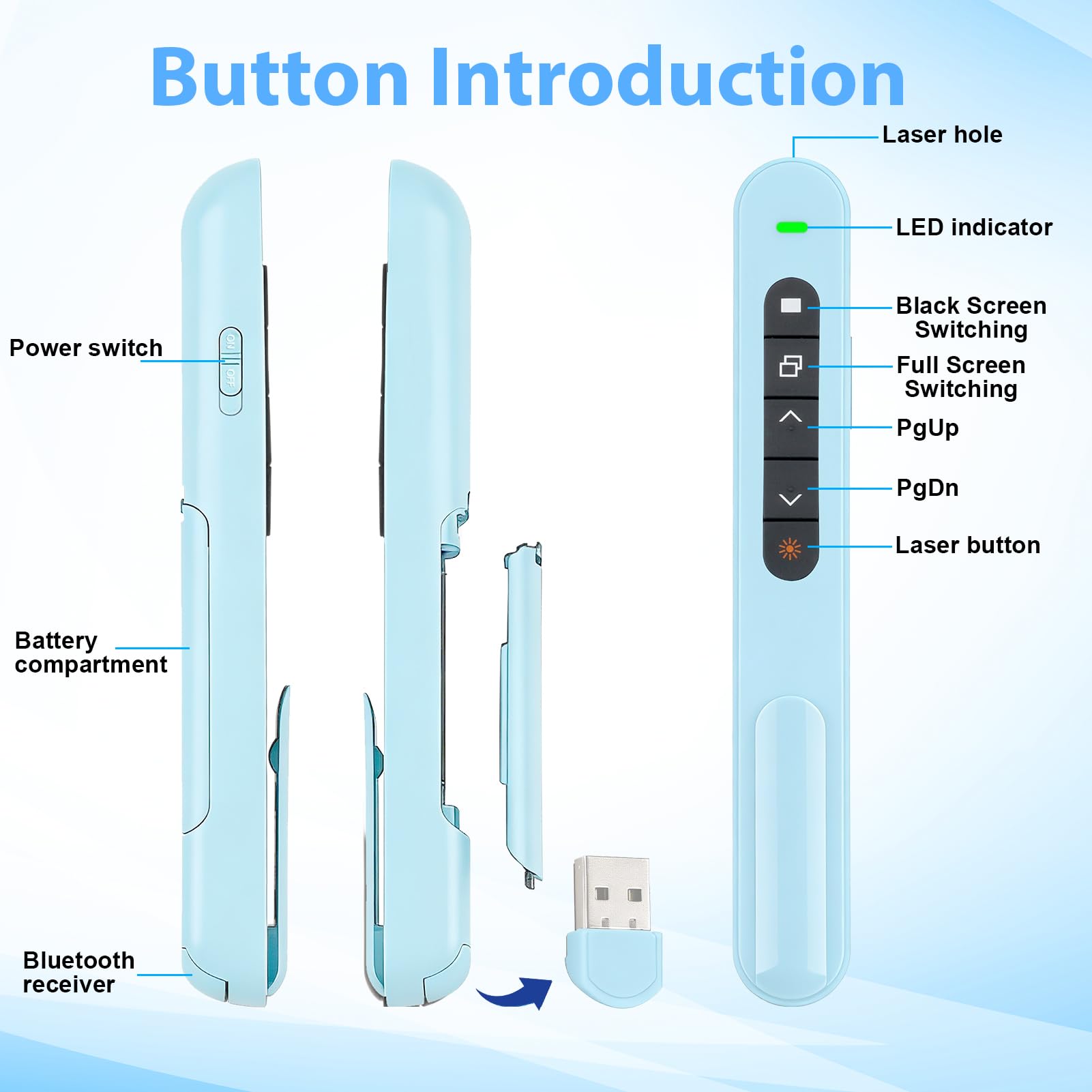 Télécommande Présentation sans Fil 2.4 GHz 100M Pointeur Bluetooth pour PowerPoint PC