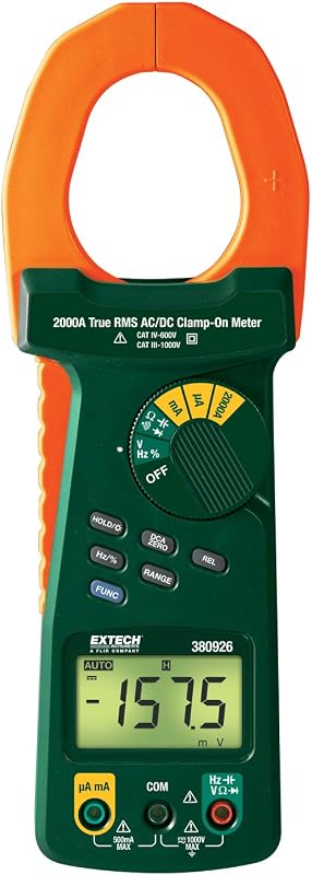 Extech 380926 True RMS 2000A AC/DC Clamp Meter, CAT IV, Full DMM | 2in jaw fits 500MCM, AC/DC volts/amps, resistance, capacitance, frequency, backlit, leads, case